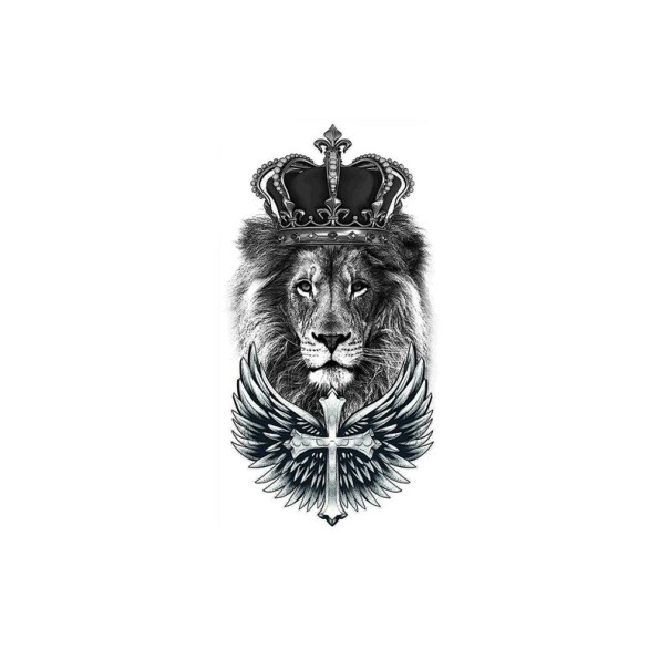 Tatuaj temporar rezistent la apă 11,5 x 21 cm Leu cu coroană regală Motiv modern realist Durată până la 15 zile Aplicare ușoară Tatuaj corporal 1