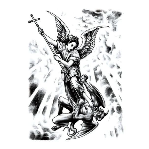 Tatuaje temporal ángel luchando contra el diablo 10 x 20 cm Tatuaje adhesivo resistente al agua Pegatina de tatuaje Para hombres y mujeres Decoración corporal temporal 1