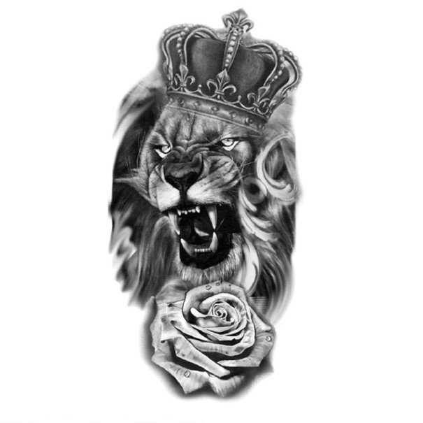 Tatuaje temporal resistente al agua 21 x 11,4 cm León con corona y rosa Motivo distintivo Fácil aplicación Papel de tatuaje Tatuaje duradero Diseño animal 1