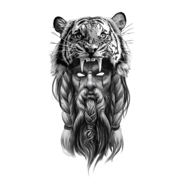 Tatuaje temporal resistente al agua 21 x 11,4 cm Vikingo con tigre Motivo animal Fácil aplicación Tatuaje duradero Símbolo de fuerza y espíritu de lucha 1