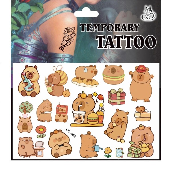 Tatuaje temporare pentru copii Kapybara Mix de designuri Tatuaje drăguțe cu capibara, fastfood și motive de primăvară Tatuaje colorate pentru copii 1