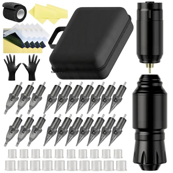 Tatueringssats med trådlös roterande tatueringspenna 3,5 mm slaglängd 9V 10000 RPM USB-C RCA-anslutning Professionell tatueringsats svart