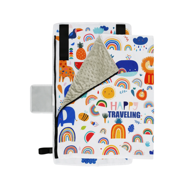 Tavola da viaggio per bambini in aereo 79 x 44 cm Organizer pieghevole per tavolino Tessuto Oxford Bianco con motivo arcobaleno Gioco e cibo 1