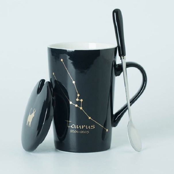 Taza con cuchara y tapa, signo del zodiaco negro 6