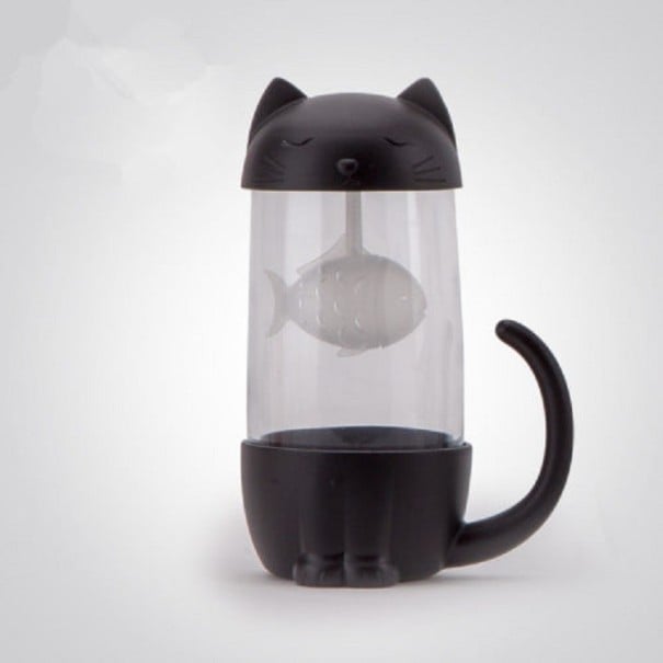 Taza de cristal con filtro en forma de gato negro