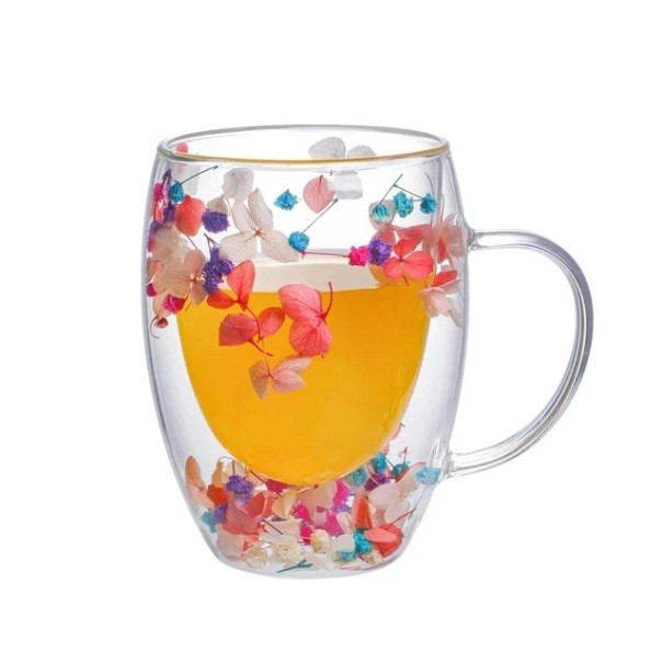 Taza de cristal de doble pared 350 ml con asa Pétalos de colores Vaso para té y café Taza transparente con flores Taza decorativa Regalo 1