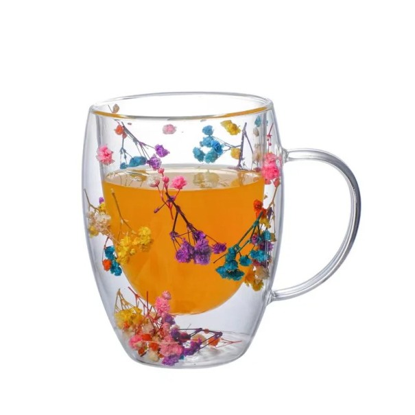 Taza de cristal de doble pared 350 ml con asa Pétalos de colores Vasos para café y té Taza decorativa con flores Taza de leche de regalo 1