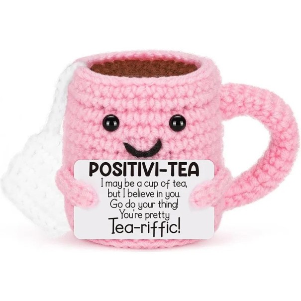 Taza de té de ganchillo con mensaje motivacional Muñeco de tela adorable para alentar y energía positiva 1