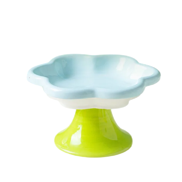 Tazón elevado de cerámica para gatos 15 x 8,6 cm Tazón ancho y poco profundo contra el estrés de los bigotes Diseño ergonómico Fondo antideslizante azul