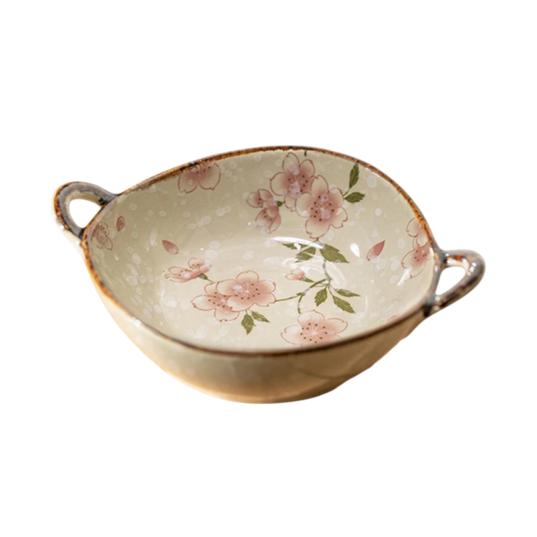 Tazón japonés para fideos con patrón floral rosa y hojas 23,5 x 6,5 cm tazón de cerámica beige con asas para servir 1