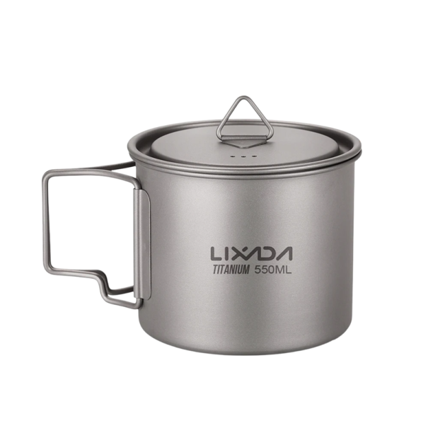 Tazza in titanio per acqua 550 ml con coperchio e manico pieghevole 10 x 8 cm Ultralight 106 g Tazza da campeggio in titanio con sacchetto di stoccaggio 1