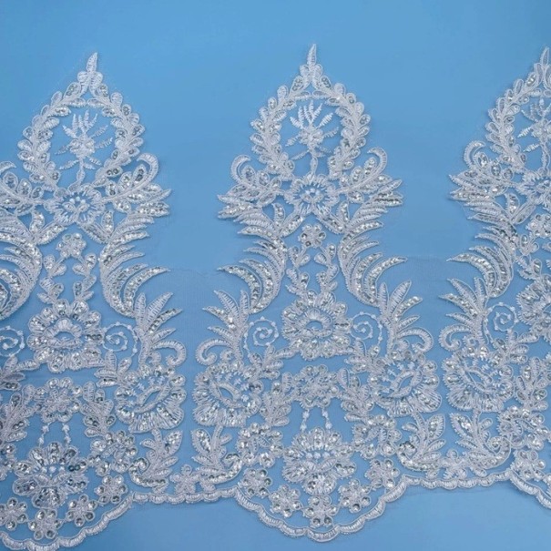 Tecido decorativo com lantejoulas e renda 36 cm x 91 cm Tecido de poliéster brilhante para costura, decoração de roupas, fantasias e decorações branco