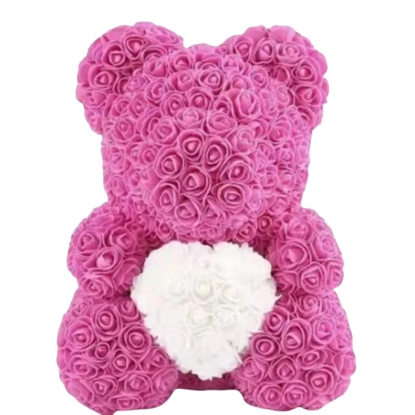 Teddy Bear with Heart Made of Artificial Roses Romantic Gift Valentine's Anniversary Luxury Floral Figurine Handmade Decoration Interior Ornament 25 cm white