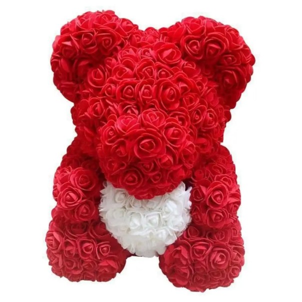 Teddybär mit Herz aus künstlichen Rosen Romantisches Geschenk Valentinstag Jahrestag Luxus Blumenfigur Handgemachte Dekoration Interior Ornament 25 cm rot