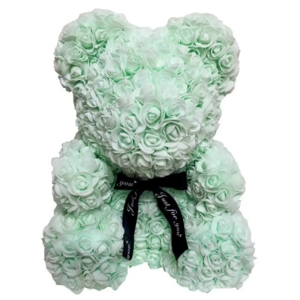 Teddybeer van kunstrozen met lint Handgemaakte decoratie Romantisch cadeau Valentijnsdag Bloemenbeeldje Luxe interieurdecoratie Hoogte 25 cm groen