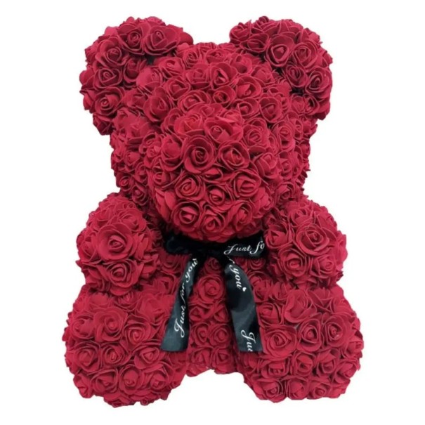 Teddybjörn gjord av konstgjorda rosor med band Handgjord dekoration Romantisk present Alla hjärtans dag Blomsterfigur Lyxig inredning Höjd 25 cm röd