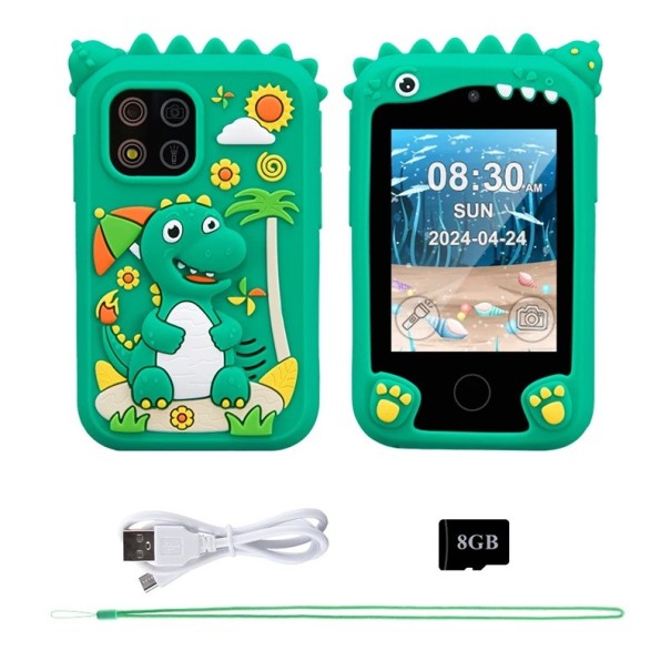 Telefon pentru copii cu motiv de dinosaur și cameră duală cu ecran TFT de 2,8" 10 jocuri educaționale baterie de 600 mAh și card de 8 GB verde