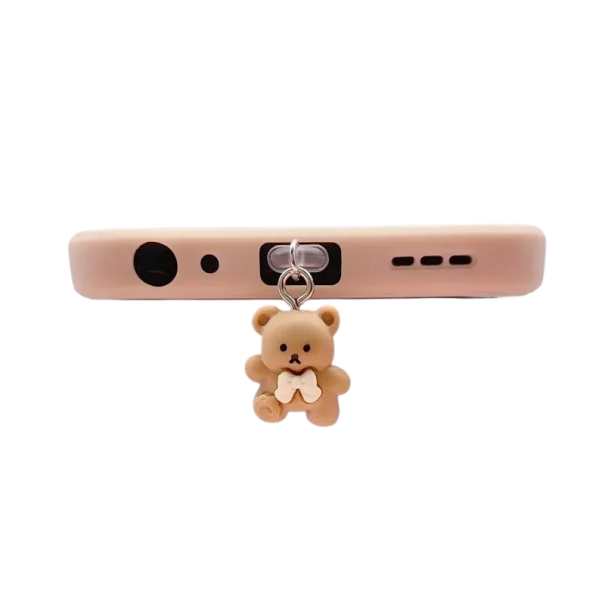 Telefon porvédő dugó mackó medállal Aranyos kiegészítő iPhone, Samsung, Xiaomi és USB C típusú csatlakozóhoz barna