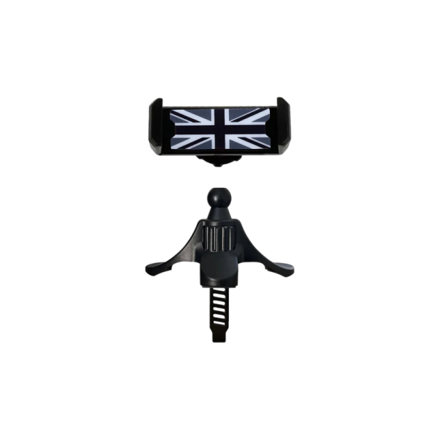 Telefonholder til bil 9 x 5,8 cm med motiv af det britiske flag til runde ventilationsudgange Fast montering Hurtig indsættelse af telefon sort