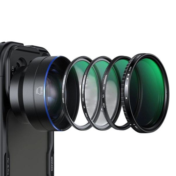 Teleobjektiv na mobil 65 mm s 1,7násobným zvětšením a HD sklem se 7 členy v 5 skupinách se závitem 72 mm pro iPhone černý 1