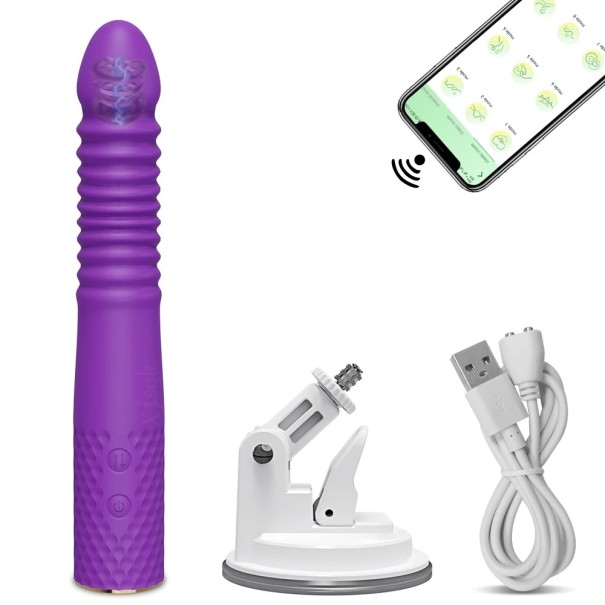 Telescopische vibrator 22,5x3,5 cm met 10 vibratie- en 10 bewegingsstanden, bestuurbaar via mobiele app, USB-opladen, discrete verpakking paars