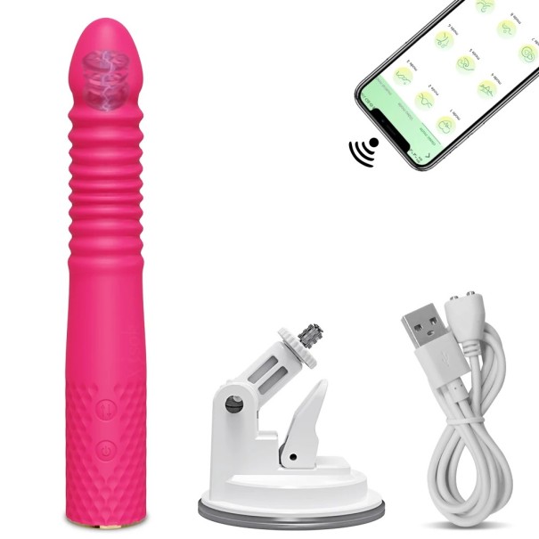 Teleskopisk vibrator 22,5x3,5 cm med 10 vibrations- og 10 bevægelsestilstande, styrbar via mobilapp, USB-opladning, diskret emballage rosa