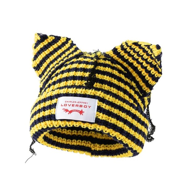 Téli csíkos Skullies sapka macskafülekkel Horgolt unisex kalap 55–60 cm Meleg divatos hip-hop sapka Jelmez kötött kalap Karácsonyi ajándék sárga
