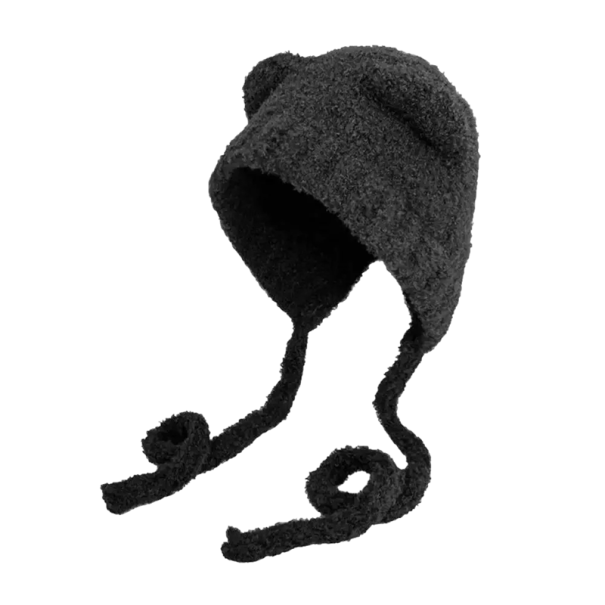 Téli plüss kötött sapka medvefülekkel és zsinórokkal a nyak alatt Aranyos meleg gyapjú sapka 56–58 cm Gorros Korea stílus Női sapka fekete