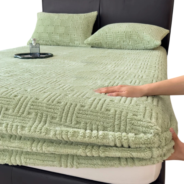 Téli plüss nyújtható lepedő 150 x 200 cm Rugalmas lepedő matracra Dombornyomott minta Puha meleg lepedő zöld