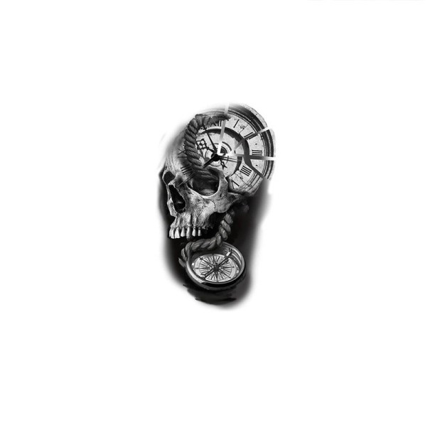 Temporary Waterproof Tattoo 11.5 x 21 cm Skull and Clock Symbol of the Ephemerality of Time Realistic Design Lasts up to 15 Days Easy Application 1