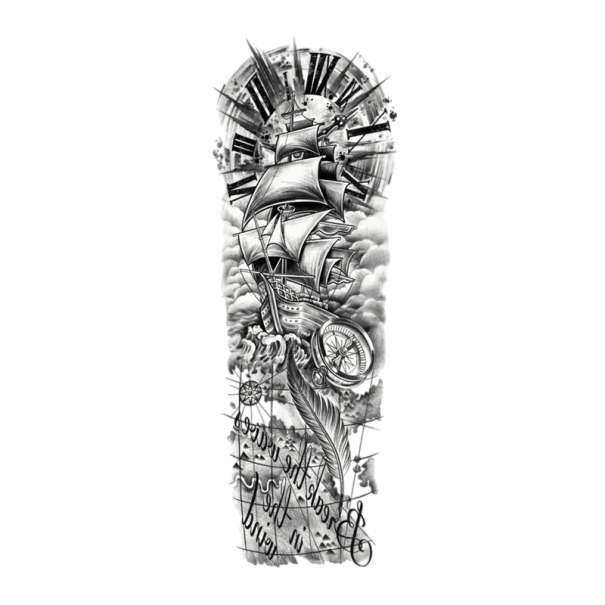 Temporary Waterproof Tattoo Sleeve 48 x 17 cm Ship Compass Map Modern Rough Style Realistic Design Lasts Up to 15 Days Easy Application 1