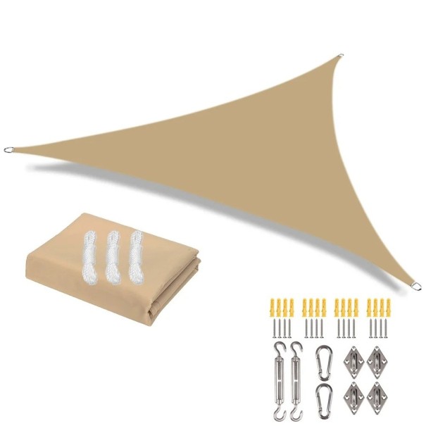 Tenda da sole triangolare impermeabile 3x3x3 m con filtro UV al 98% Telo per terrazza giardino balcone campeggio con set di accessori da 24 pezzi giallo sabbia