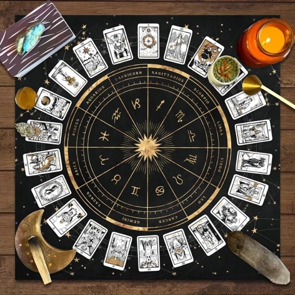 Terítő tarot kártyák motívumával 49 x 49 cm Kártyás anyag 12 csillagjeggyel Kártyaolvasás Meditációs alátét Különböző színek fekete