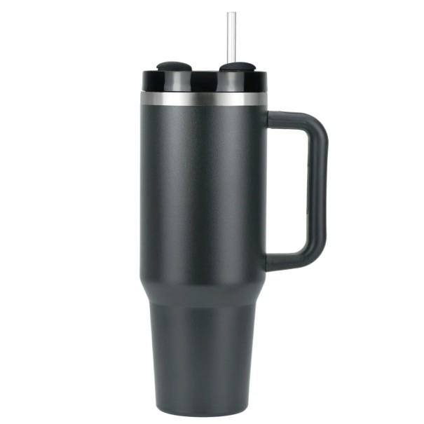 Termo con pajita y asa 1200 ml Acero inoxidable Botella térmica de doble pared Taza térmica de gran capacidad Asa ergonómica Tapa antifugas Botella térmica negro