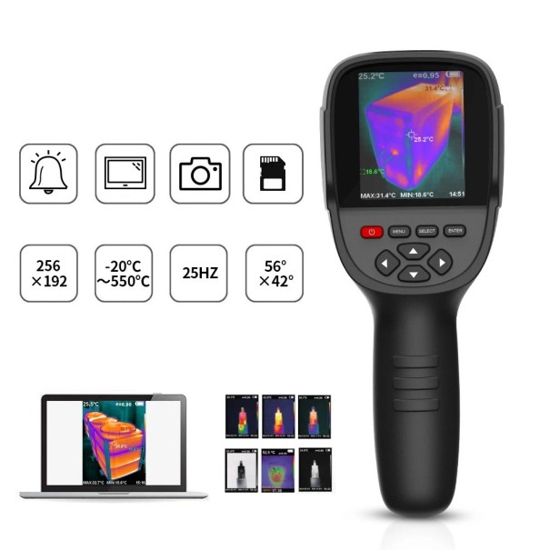Termocamera infrarossa portatile con risoluzione 256x192, rilevamento da -20 °C a 550 °C, memoria 4GB e misurazione dei punti caldi 1