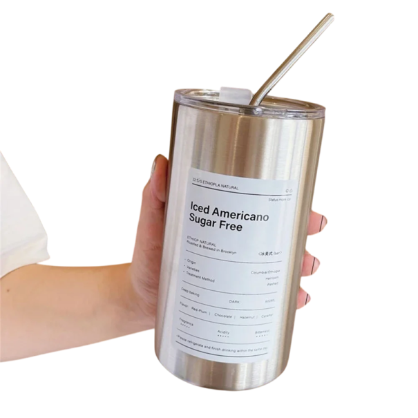 Termohrnce 600 ml din oțel inoxidabil 304 cu capac transparent, pai și deschidere pentru băuturi 9 x 16 cm Căni de călătorie pentru cafea și ceai argint