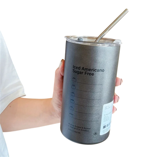 Termokrus 600 ml i rustfrit stål 304 med gennemsigtigt låg, sugerør og drikkehul 9 x 16 cm Rejsekrus til kaffe og te grå