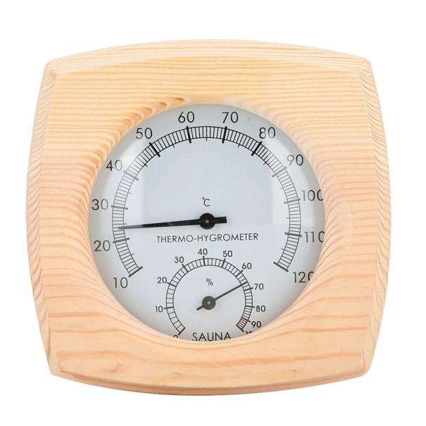 Termómetro e higrómetro higrotermógrafo para sauna en marco de madera Diámetro 13,2 cm Medidor analógico de temperatura y humedad Lujoso indicador climático para la sauna 1