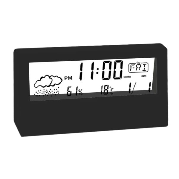 Termometru digital cu higrometru și ceas deșteptător, afișaj LCD 13 x 7 cm, plastic ABS, măsurare temperatură și umiditate internă, alarmă negru