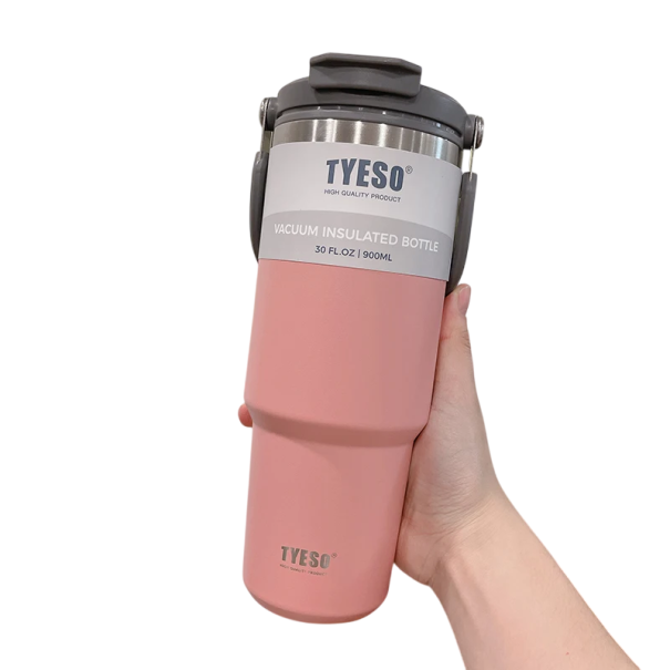 Termos 900 ml izolată vid de oțel inoxidabil 304 cu pai pentru băuturi reci și orificiu pentru băuturi calde 10 x 23,7 cm cu capac roz