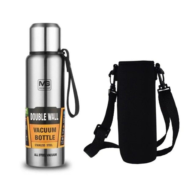 Termos de aço inoxidável 500 ml com bolsa Isolamento a vácuo de dupla parede Garrafa térmica para bebidas quentes e frias Termos de viagem com alça Tampa hermética prateado