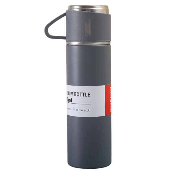 Termos med mugg 500 ml Rostfri termos 23,9 × 6,6 cm Värmeisolering 6–12 timmar Mugg 6,6 × 5,9 cm Resetermos för drycker grå