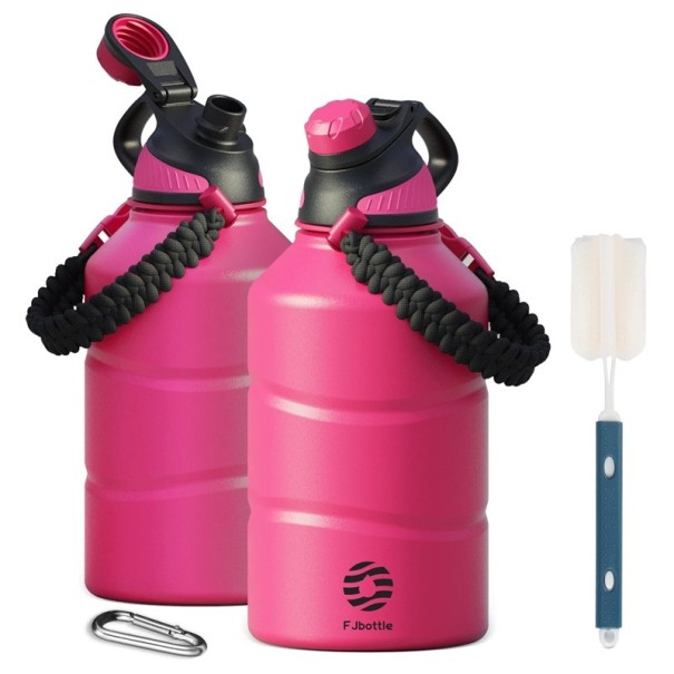 Termos sportivă de mare capacitate 1900 ml cu capac magnetic din cauciuc Oțel inoxidabil mânere din sfoară pentru sport și turism roz