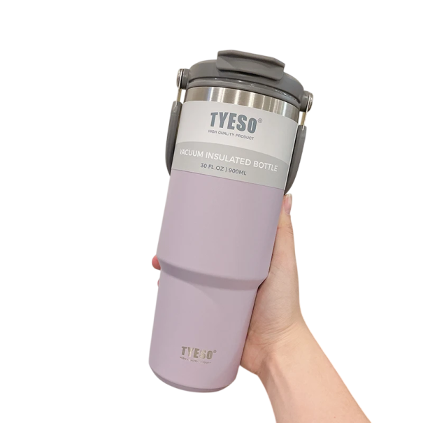 Termoska 900 ml vakuově izolovaná z nerezové oceli 304 s brčkem na studené a otvorem na teplé nápoje 10 x 23,7 cm s víčkem fialová