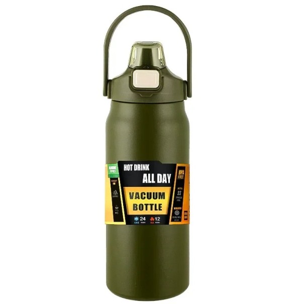 Termoska s brčkem 1500 ml Nerezová ocel Dvoustěnná termo láhev na studené a teplé nápoje Izolovaná lahev s brčkem Vodotěsný uzávěr Cestovní termoska zelená