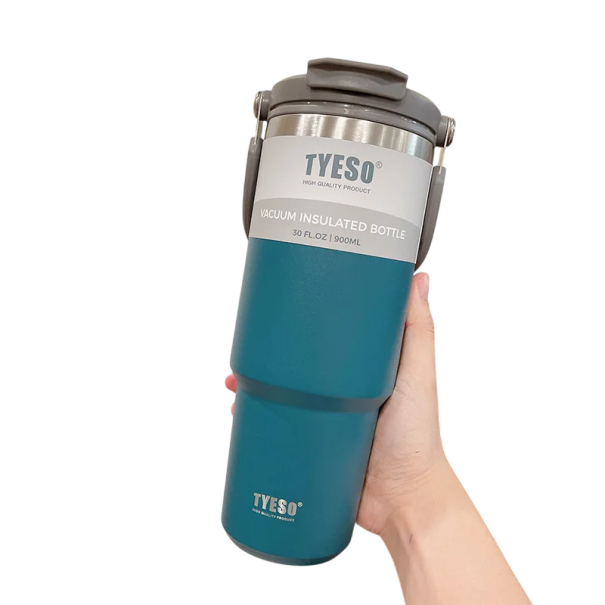 Termoskanne 900 ml vakuumisoliert aus Edelstahl 304 mit Strohhalm für kalte und Öffnung für heiße Getränke 10 x 23,7 cm mit Deckel blau