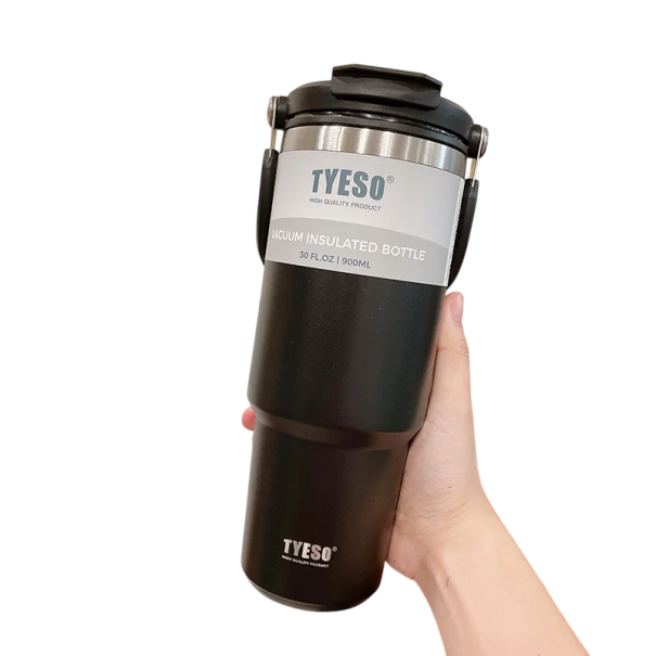 Termoskanne 900 ml vakuumisoliert aus Edelstahl 304 mit Strohhalm für kalte und Öffnung für heiße Getränke 10 x 23,7 cm mit Deckel schwarz