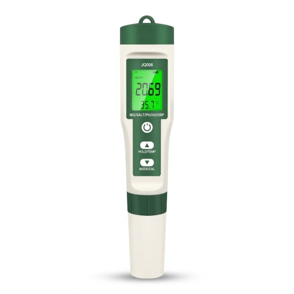 Tester kvality vody 10v1 pH metr, EC, TDS, ORP, H2, slanost, rezistivita, teplota, LCD podsvícení, bílo-zelený, pro akvária a bazény 1