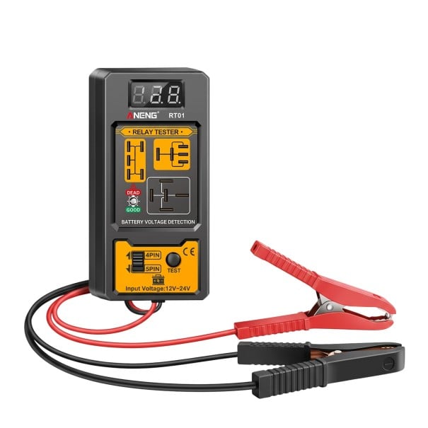 Tester til bilrelæ 13,9 x 6,3 x 2,7 cm RT01 til 4-polede og 5-polede relæer med display for bilbatteri spænding 11 til 25 V sort-gul 1