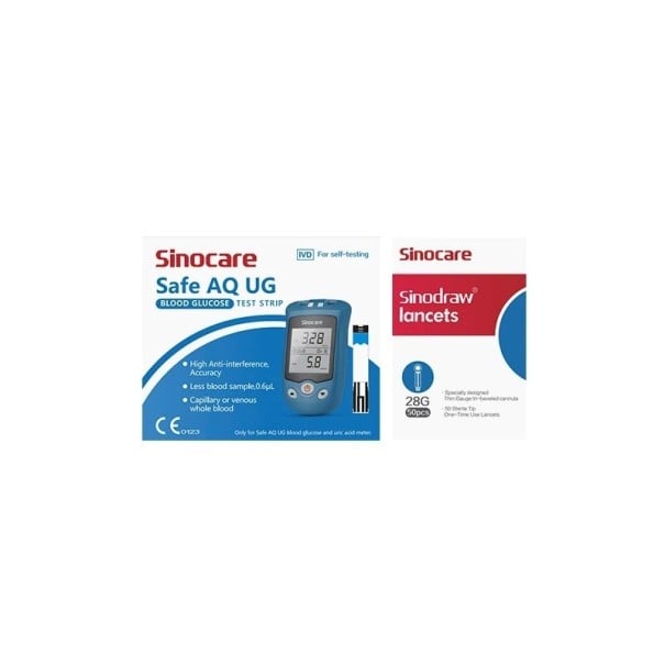 Testovací proužky na glukózu pro glukometr Safe AQ UG 50 ks s 50 lancetami 28G výsledek za 5 s vzorek krve 0,6 µl na domácí měření 1
